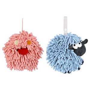 REGALWOVEN 2 Packs Cute Sheep Shape Absorbent Fast Drying Chenille Hand Towels with Hanging Loop 7" x 7" - 1 of 4