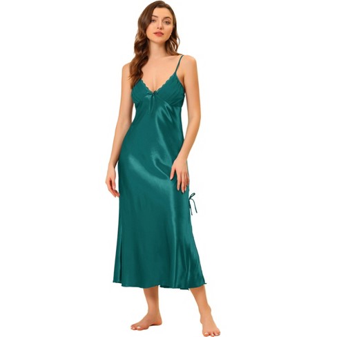 cheibear Women's Spaghetti Strap Nightdress Cami Satin Pajama Dress Peacock  Green Medium
