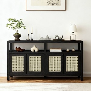 Luxystar Bohemian Style Sideboard Buffet Storage Cabinet with Solid Wood Frame, 3-position Adjustable Shelves for Living & Dining Rooms, Black - 1 of 4