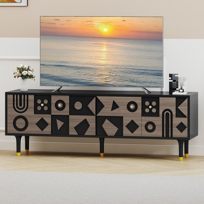 Mid-Century TV Stand for up to 80 Inch TV, Modern Media Console with 4 Carved Doors, 70" Entertainment Center With Storage For Living Room