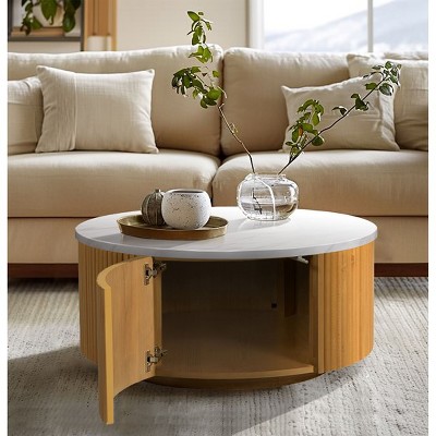 Faux White Marble Round Coffee Table with Storage Natural/Faux White Marble See below