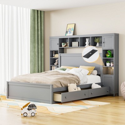 Queen Size Wooden Bed With All-in-one Cabinet, Shelf And Drawers, Gray ...