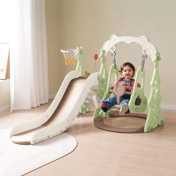 Toddler Slide And Swing Set 3 In 1, Freestanding Climber Swing Slide Playset With Basketball Hoops, Indoor And Outdoor Playground