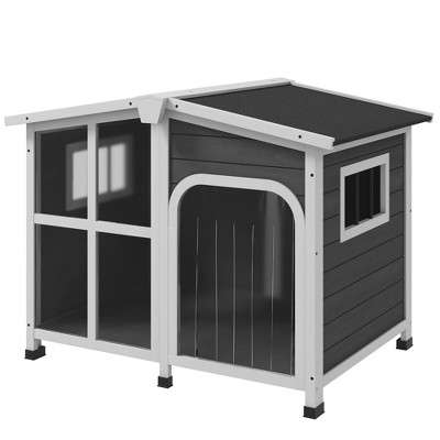 Large Storm Gray and White Wooden Dog House with Openable Roof