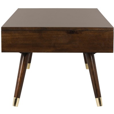 Transitional Mid-Century 48" Brown Wood Coffee Table with Gold Caps