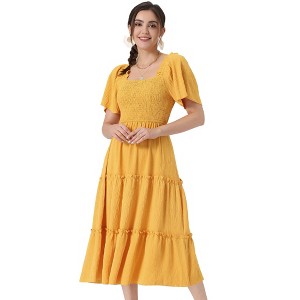 Allegra K Women's Boho Midi Square Neck Short Sleeve Tiered Flowy Smocked Dress - 1 of 4