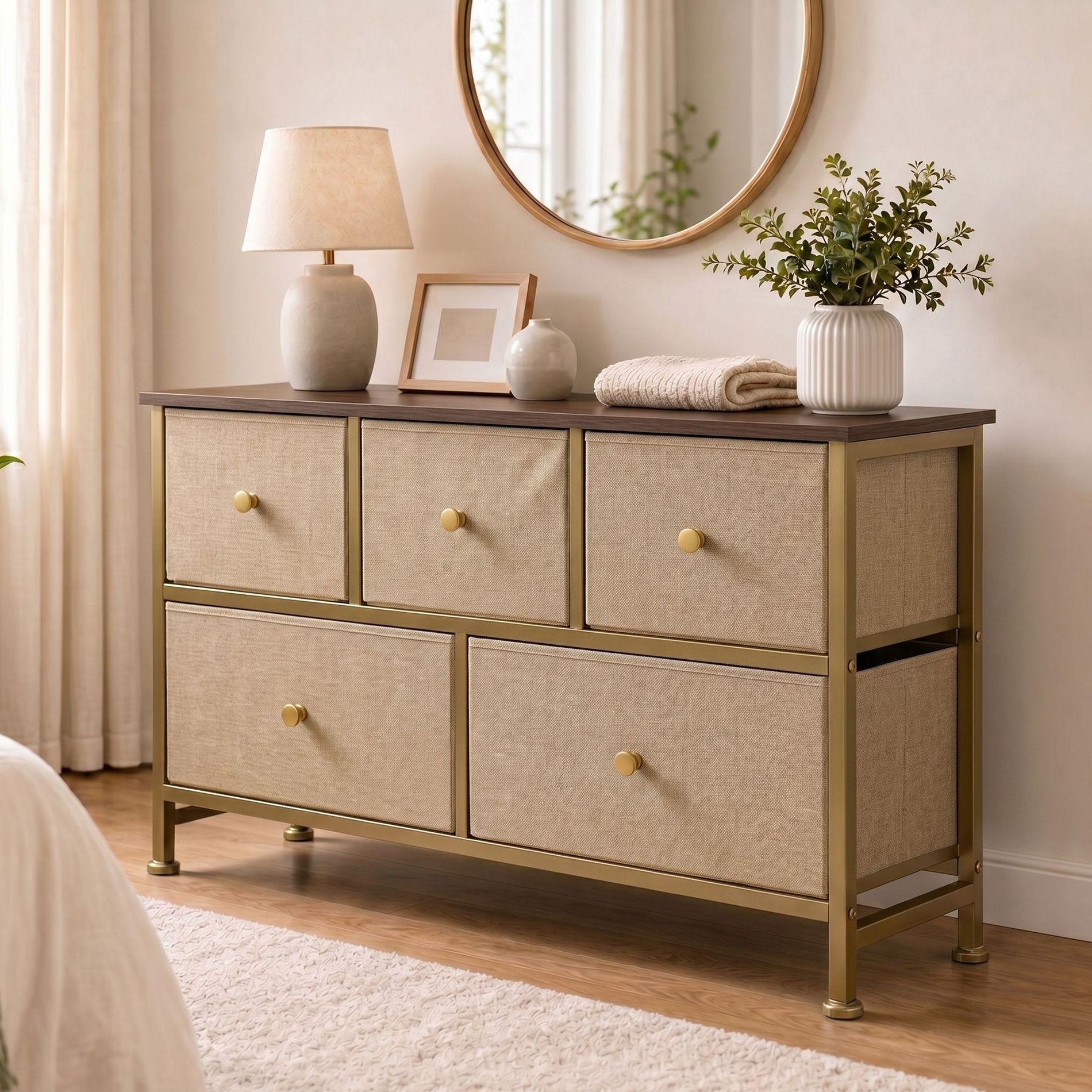 JIONJOY 5 Drawer Fabric Dresser for Bedroom, Rustic Storage Chest with Wood Top & Steel Frame, Wide Dresser for Closet Entryway Small Spaces