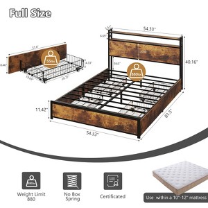 VINGLI Bed Frame with 4 Storage Drawers/Headboard, Metal Platform with Charging Station and LED, No Box Spring Needed, Easy Assembly, Vintage Brown - 1 of 4