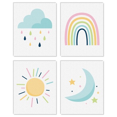 Big Dot of Happiness Colorful Children's Decor - Unframed Rainbow, Cloud, Sun, and Moon Linen Paper Wall Art - Set of 4 - Artisms - 8 x 10 inches