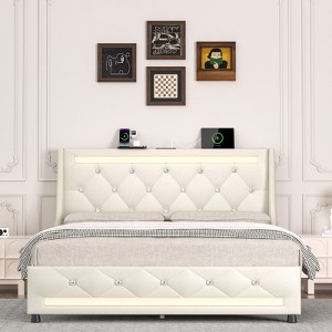 Sapphtopaz Upholstered Bed Frame with Diamond Tufted Headboard Platform Bed with Charging Ports&LED for Bedroom,No Box Spring Needed - 1 of 4