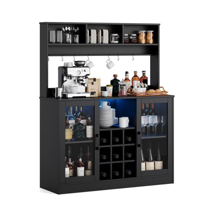 Modern LED Wine Bar Cabinet with Power Outlet — Adjustable Shelf, 9 Wine Racks, 6 Hooks, Sideboard Storage for Kitchen, Dining Room, Black