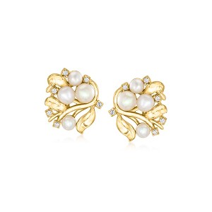 Ross-Simons 4-5mm Cultured Pearl and .20 ct. t.w. White Topaz Vine Earrings in 18kt Gold Over Sterling - 1 of 3