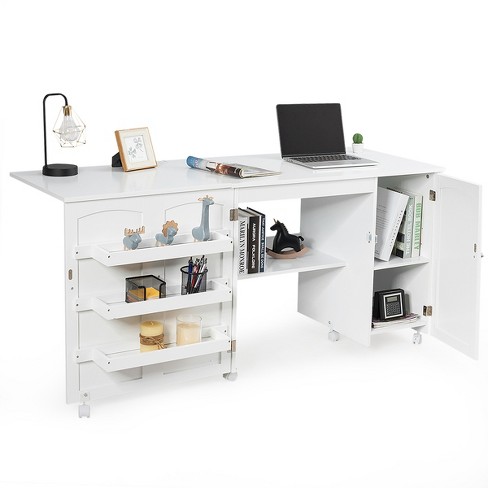 Folding Sewing Table Shelves Storage Cabinet Craft Cart W/wheels Large  White : Target