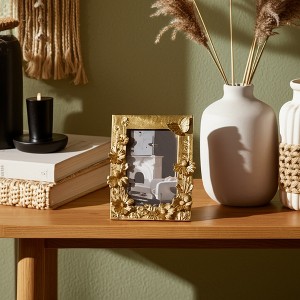 Sagebrook Home Boho Gold Picture Frame - Floral Butterfly Design - Resin & Glass - Vintage Photo Frame for Home, Office, Bedroom - 8" Metallic Gold - 1 of 4