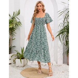 Clearlove Women's 2025 Spring Summer Boho Midi Dress Flutter Sleeve Square Neck Flowy Smocked Tiered Party Ruffle Dress - 1 of 4