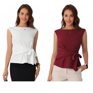 INSPIRE CHIC Women's Summer Tie Front Boat Neck Sleeveless Work Blouse 2 Packs - 1 of 4
