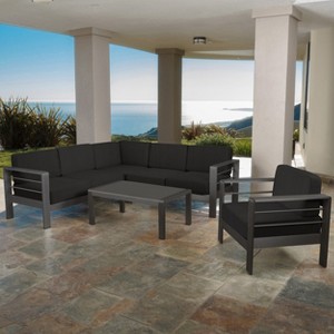 Christopher Knight Home Cape Coral Outdoor Aluminum 6 Seater Sectional Sofa and Club Chair Chat Set - 1 of 4
