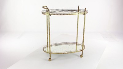 Gold Oval Iron Rolling Bar Cart with Glass Shelves