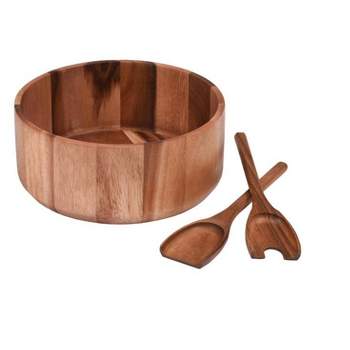 Acacia Wood Salad Bowl with Servers Set - Large 9.4 inches Solid Hardwood  Salad Wooden Bowl with Spoon for Fruits,Salads and Decoration