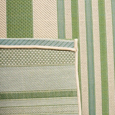 Beige & Green Striped Round Synthetic Easy-Care Area Rug