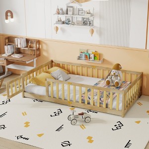 Sapphtopaz Kids Bed Frame, Rubber Wood Floor Bed with Safety Guardrails for Toddlers & Kids' Bedrooms (Twin/Full Size) - 1 of 4