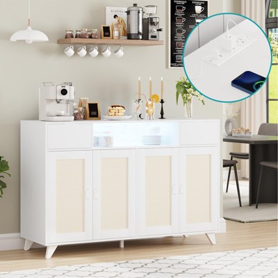 Homhougo Sideboard Buffet Cabinet, 4 Rattan Doors 2 Drawers Accent Storage Cabinet White