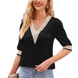 Coolmee Women's 3/4 Sleeve Shirts Lace V Neck Color Block Dressy Tops Casual Hollow Floral Blouses T Shirts - 1 of 4
