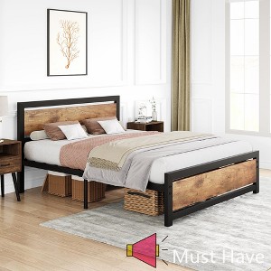 Jojoka Industrial King Bed Frame with Wood Headboard and Footboard, Sturdy Metal Platform with 14 Inch Under-Bed Storage, Easy Assembly, No Noise - 1 of 4