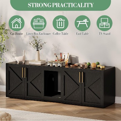 55in Wide Cat Litter Box Enclosure for 2 Cats, Modern Wooden Hidden Double Litter Box Enclosure Furniture with Soft Cushion for Cat Washroom