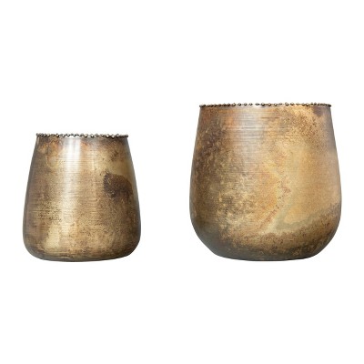 Set of 2 Distressed Metal Planters with Rim Beading Brass - 3R Studios