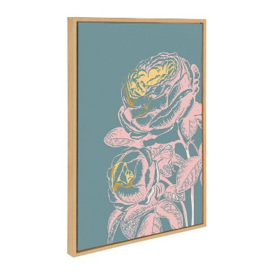 Teal and Pink Floral Print on Canvas with Natural Frame
