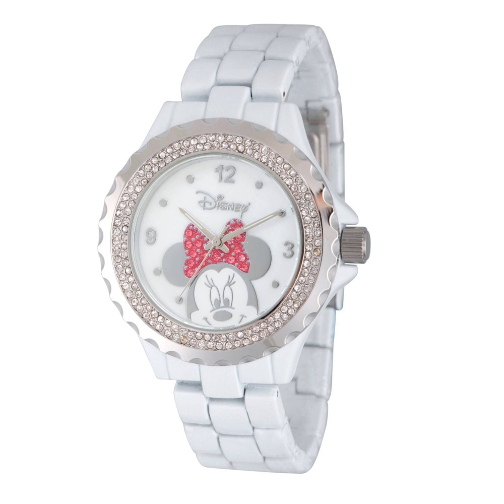 Photos - Wrist Watch Women's Disney Minnie Mouse Enamel Sparkle White Alloy Watch - White