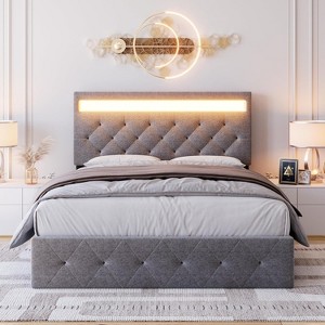 homfan Bed Frame with Charging Station and LED Lights, Upholstered Bed Frame with Adjustable Headboard, Heavy Duty Wood Slats, No Box Spring Needed - 1 of 4