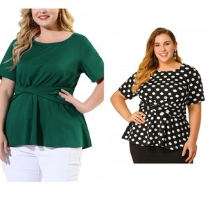 Women's Plus Size 2 Piece Twisted Knot Front Short Sleeves Crew Neck Solid Casual Peplum Blouses - Agnes Orinda - 1 of 4