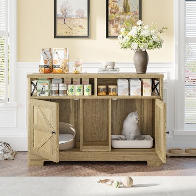 YOOCOZZ Cat Litter Box Enclosure, Double Hidden Litter Box Furniture Cat Washroom, for 2 Cats，Farmhouse Indoor Cat House End Table-Brown
