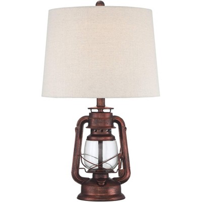 Franklin Iron Works Rustic Industrial Accent Table Lamp Miner Lantern 23" High Red Bronze Oatmeal Fabric Shade Living Room Bedroom Office