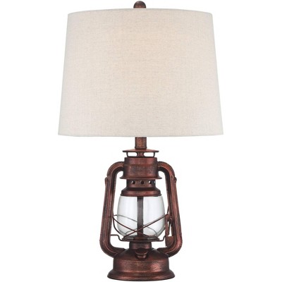 Franklin Iron Works Rustic Industrial Accent Table Lamp Miner Lantern Red Bronze Oatmeal Fabric Shade Living Room Bedroom Office