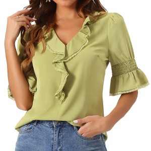 INSPIRE CHIC Women's Ruffle V Neck Puff Sleeve Summer Casual Chiffon Peasant Top - 1 of 4