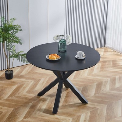 Round Dining Table, Mid Century Modern Dining Table For 4-6 People With Round MDF Table Top & Cross Metal Legs, Leisure Coffee Table