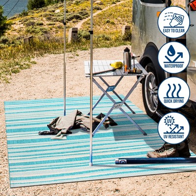 Aqua and Cream Stripe Synthetic 4' x 6' Indoor/Outdoor Rug