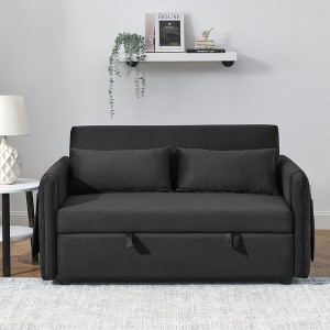 GDFStudio Vynn 55" Modern Convertible Velvet Upholstered Sofa Bed with 2 Pillows and Detachable Arm Pockets - 1 of 4