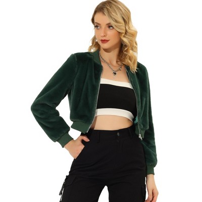 INSPIRE CHIC Women's Winter Fluffy Zipper Up Cropped Faux Fur Bomber Jacket