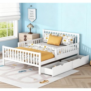 TiramisuBest Full Kids Bed Frame, Toddler Bed with Guardrails and 2 Storage Drawers Solid Wood Platform for Minimalist Bedroom, White - 1 of 4