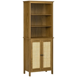 HOMCOM Rustic Bookshelf with Cabinet & Rattan, Tall Bookshelf Library, Wooden Bookcase with Doors and Shelves, Study Living Room Home Office, Walnut - 1 of 4