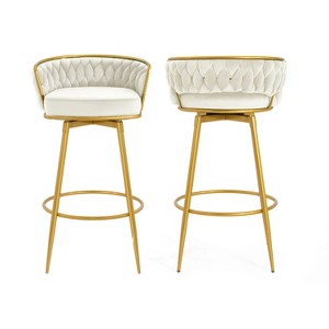 TiramisuBest Set of 2,31" Swivel Bar Stools, Hand-Woven Backrest with Gold Metal Legs, Upholstered Counter Chairs with Footrest for Kitchen(Blue) - 1 of 4