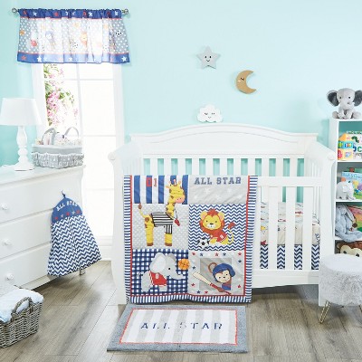 Everyday Kids 4 Pc Boys Crib Bedding Set - Jungle Sports - Soft 100% Cotton Percale with Quilt, Sheet, Dust Ruffle & Diaper Stacker