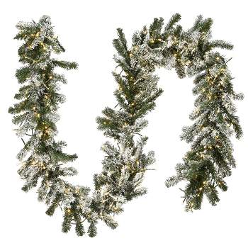 National Tree Company Pre-Lit Artificial Christmas Garland, Green, Snowy Green, White Lights, With Frosted Branches, Plug In,9 Feet