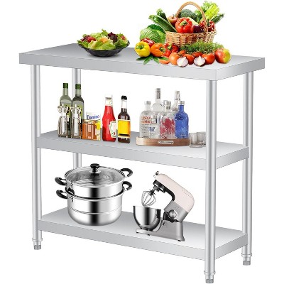 Stainless Steel Table, 14 x 36 x 34 Inch, 3-Tier Metal Prep Table with 2 Undershelf & Gloves, Commercial Kitchen Utility Workstation