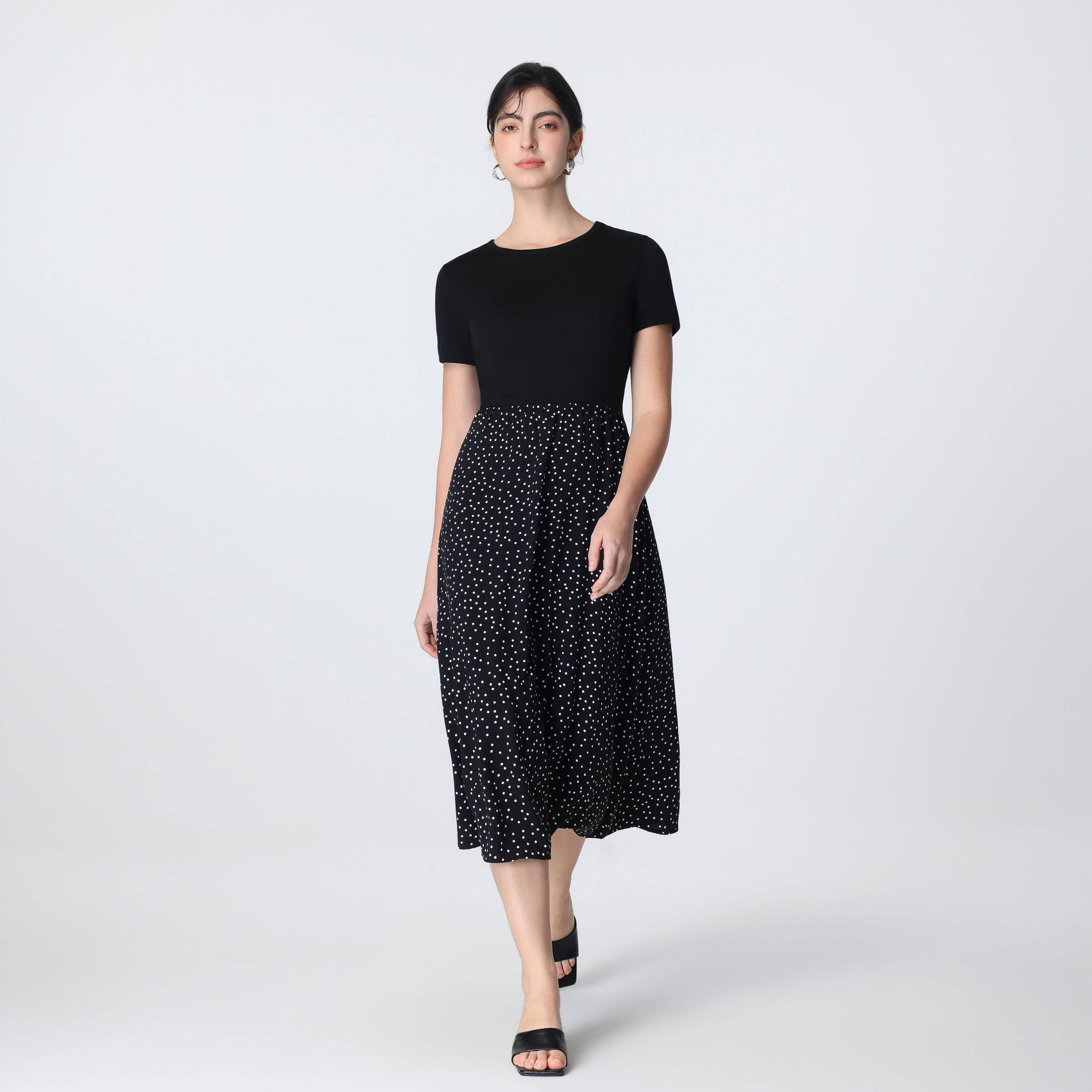 Women's Short Sleeve Contrast Midi Dress - A New Day™ Black Polka Dots