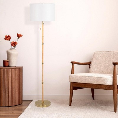 VYNXARIA 62"H Stellar Wood Rattan Tube , Gold Brass Metal and White Linen Shade Floor Lamp